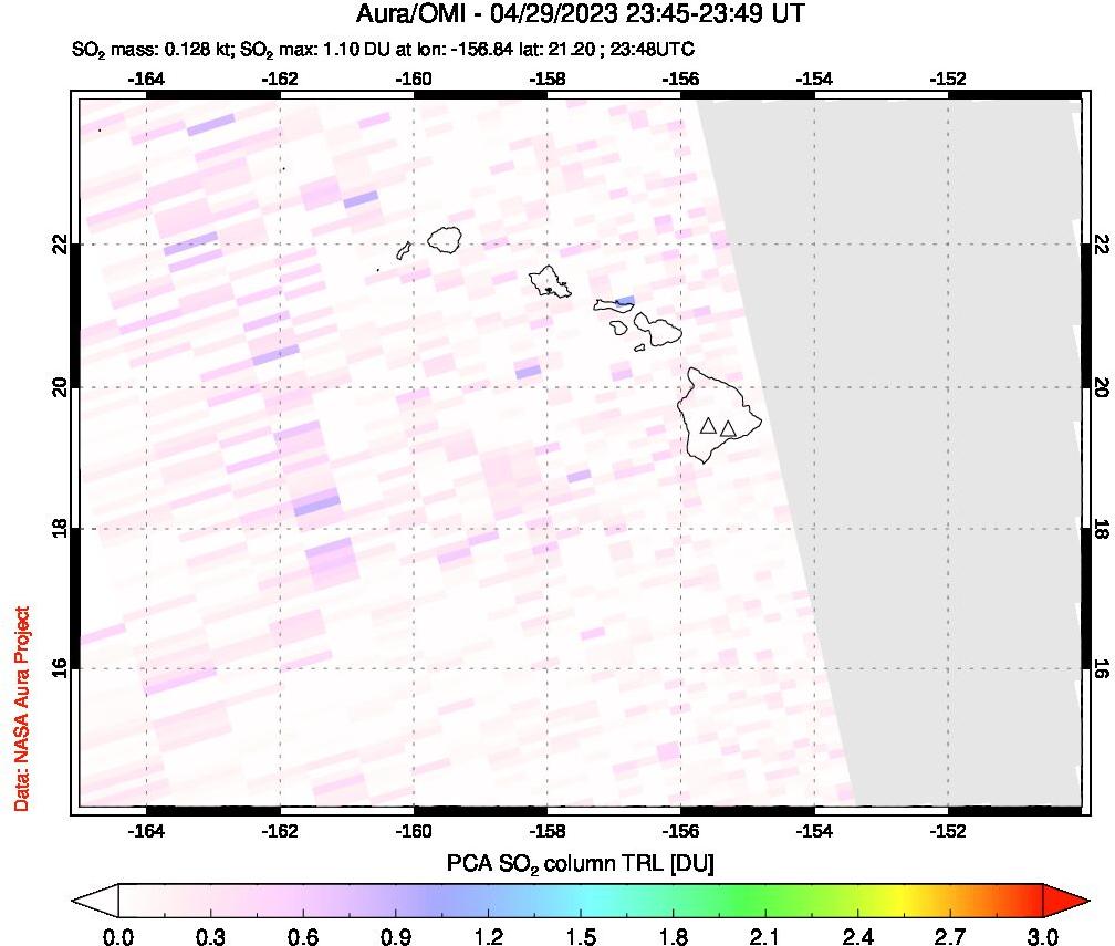 A sulfur dioxide image over Hawaii, USA on Apr 29, 2023.