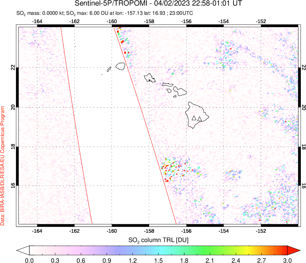 A sulfur dioxide image over Hawaii, USA on Apr 02, 2023.