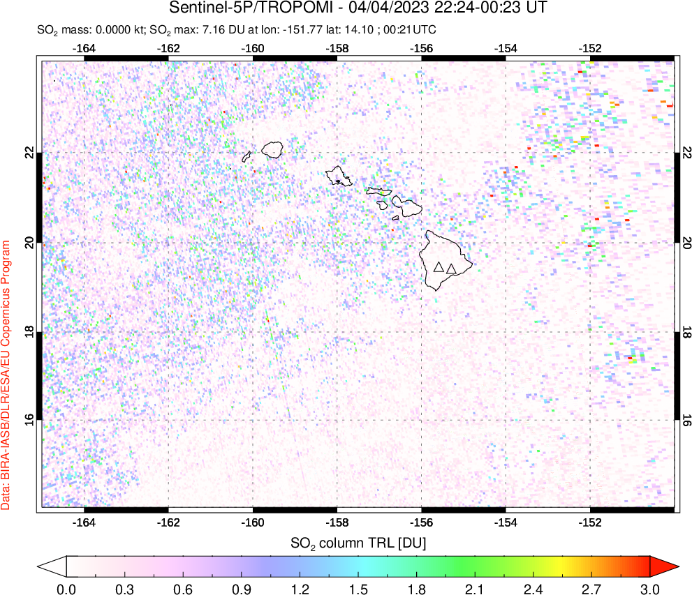 A sulfur dioxide image over Hawaii, USA on Apr 04, 2023.