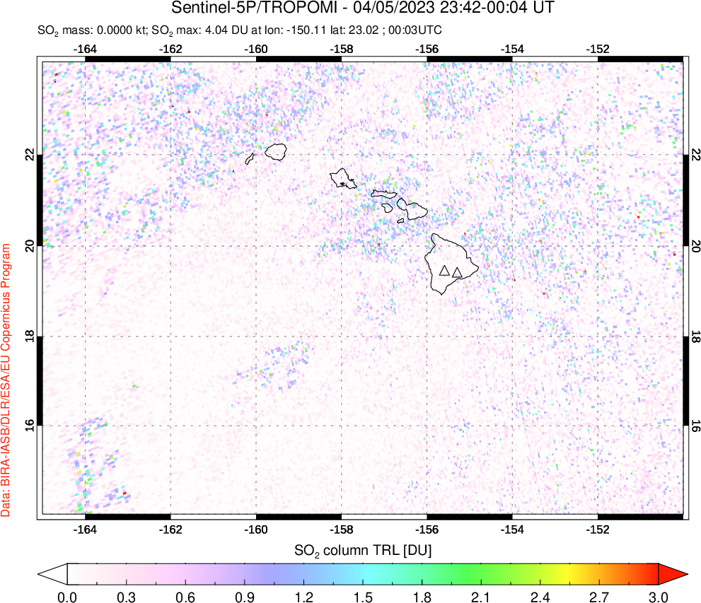 A sulfur dioxide image over Hawaii, USA on Apr 05, 2023.