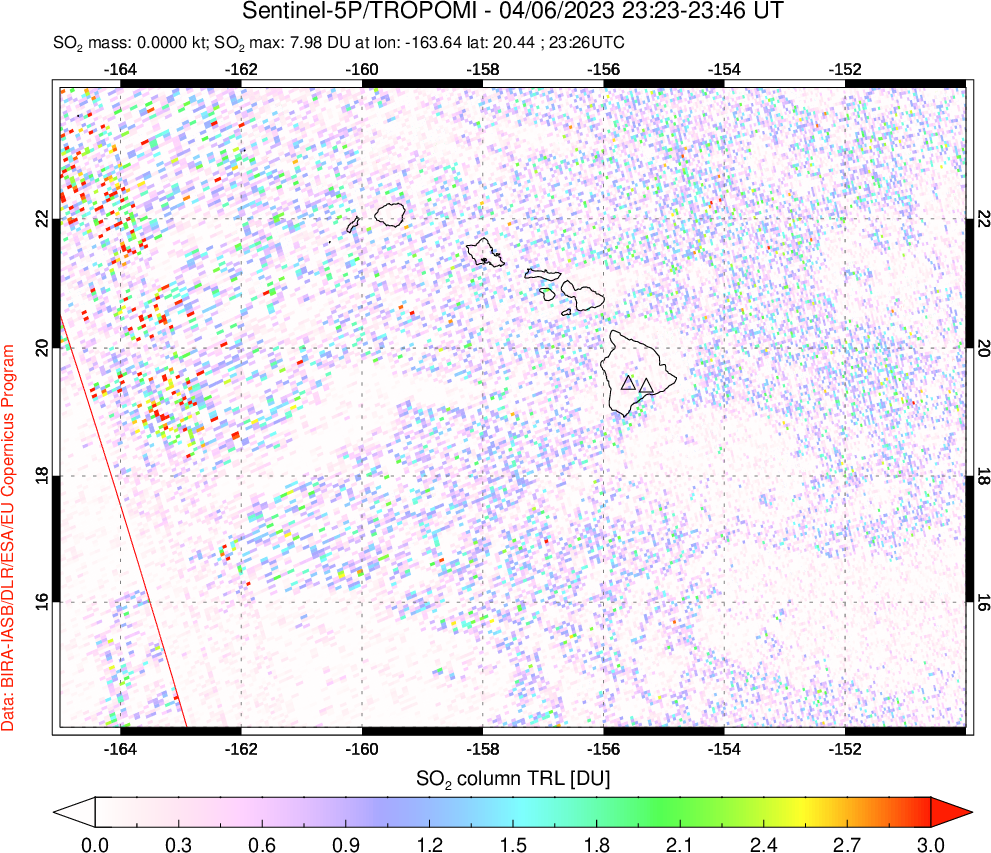 A sulfur dioxide image over Hawaii, USA on Apr 06, 2023.