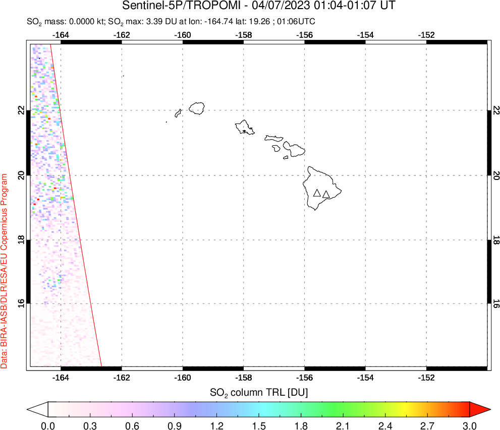 A sulfur dioxide image over Hawaii, USA on Apr 07, 2023.