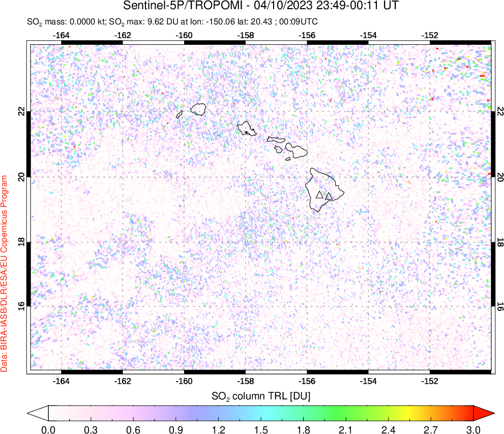 A sulfur dioxide image over Hawaii, USA on Apr 10, 2023.