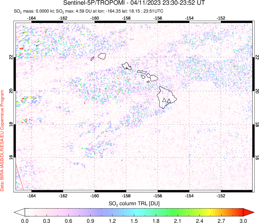 A sulfur dioxide image over Hawaii, USA on Apr 11, 2023.
