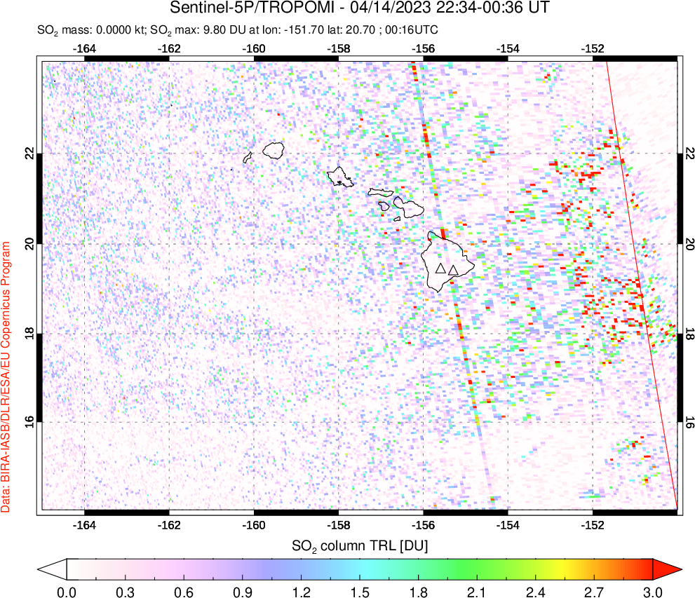 A sulfur dioxide image over Hawaii, USA on Apr 14, 2023.