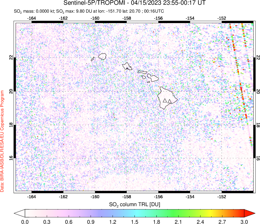 A sulfur dioxide image over Hawaii, USA on Apr 15, 2023.