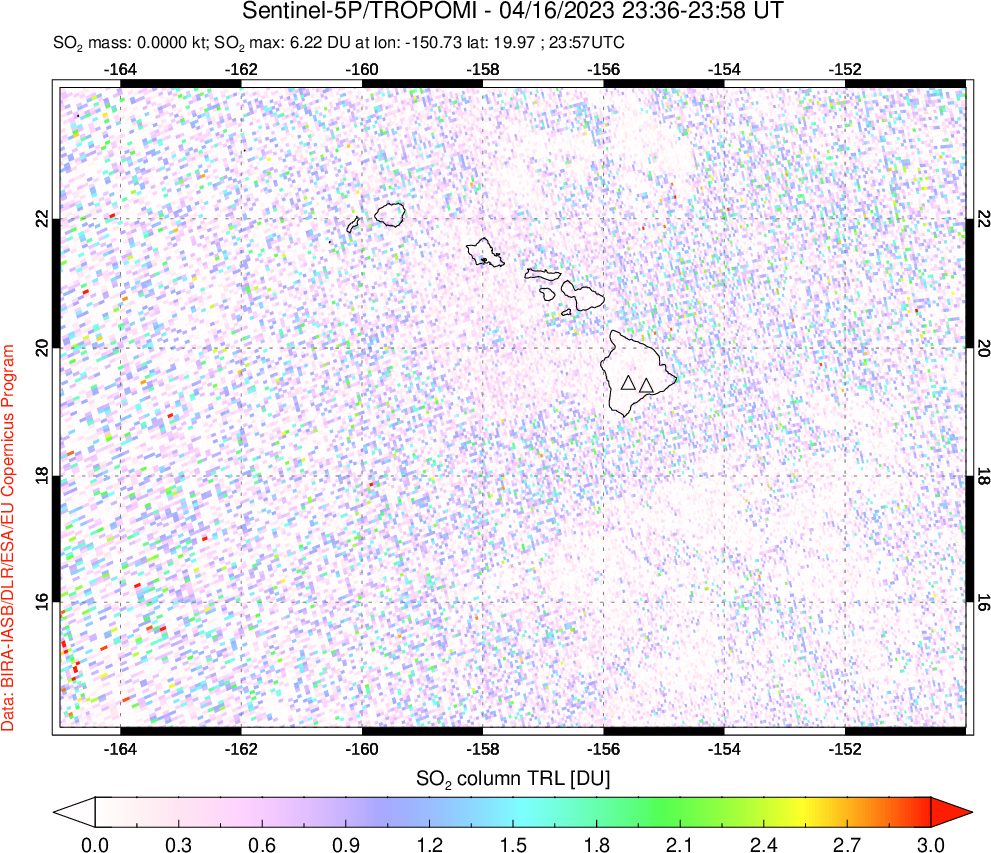 A sulfur dioxide image over Hawaii, USA on Apr 16, 2023.