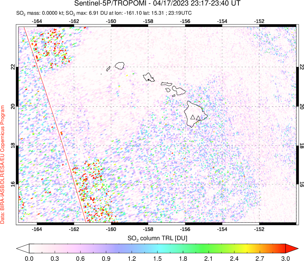 A sulfur dioxide image over Hawaii, USA on Apr 17, 2023.