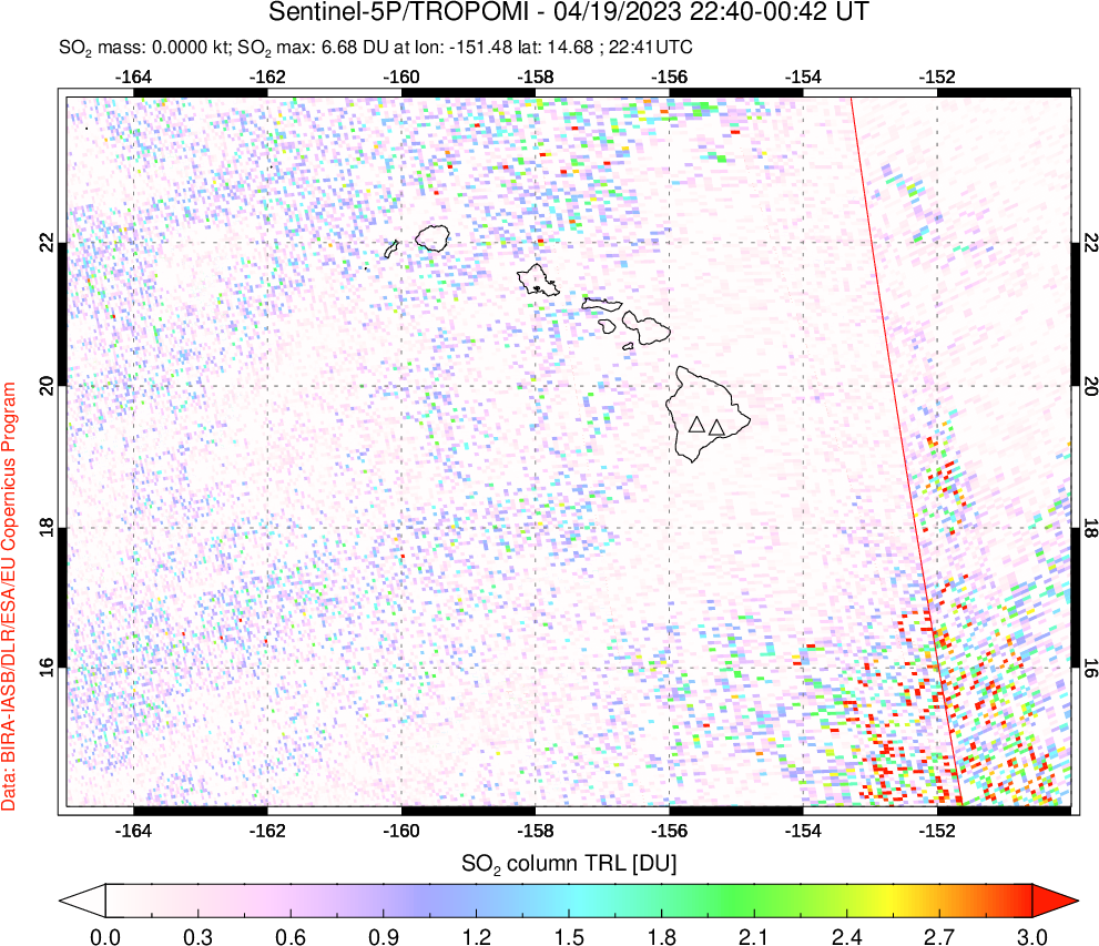 A sulfur dioxide image over Hawaii, USA on Apr 19, 2023.