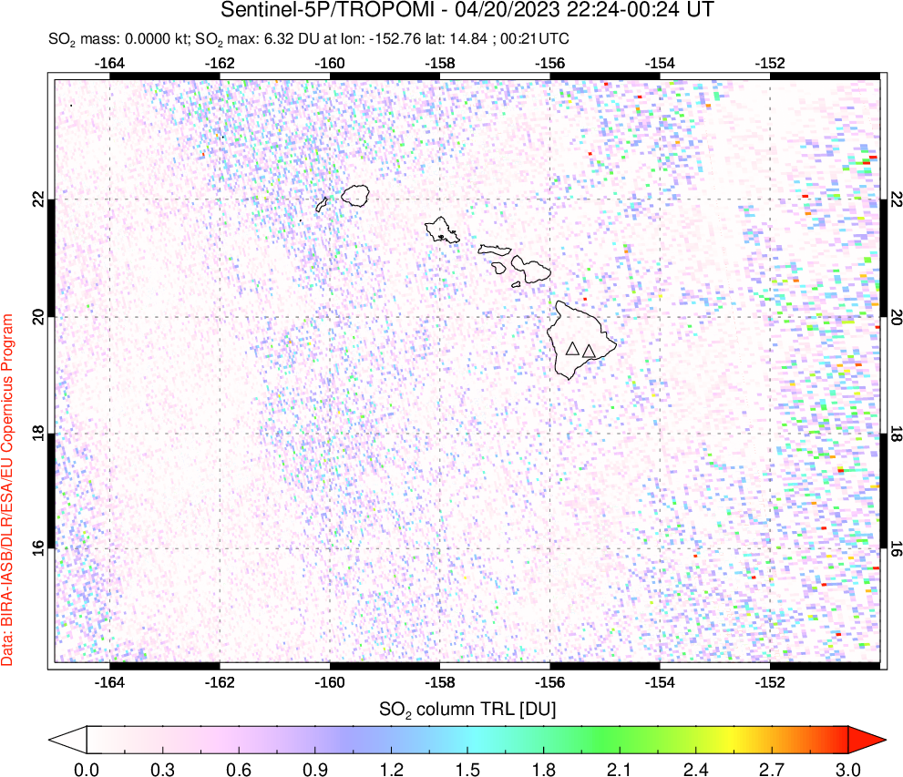 A sulfur dioxide image over Hawaii, USA on Apr 20, 2023.