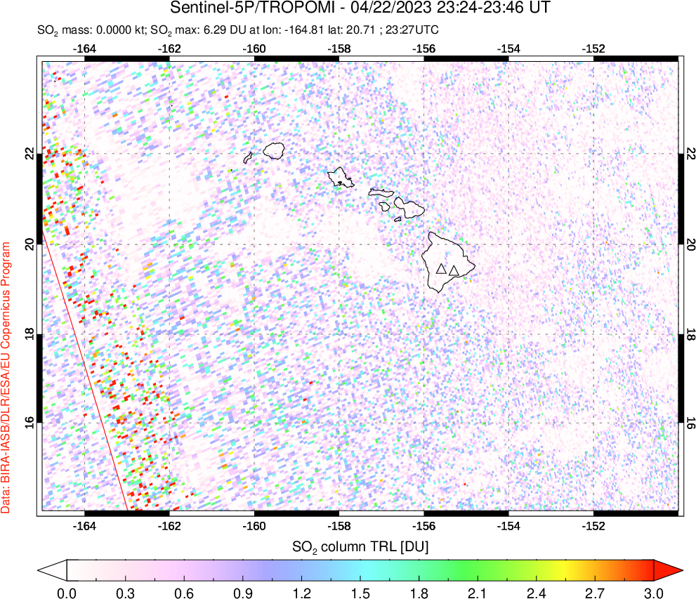 A sulfur dioxide image over Hawaii, USA on Apr 22, 2023.