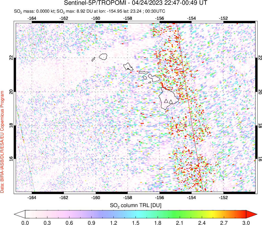 A sulfur dioxide image over Hawaii, USA on Apr 24, 2023.