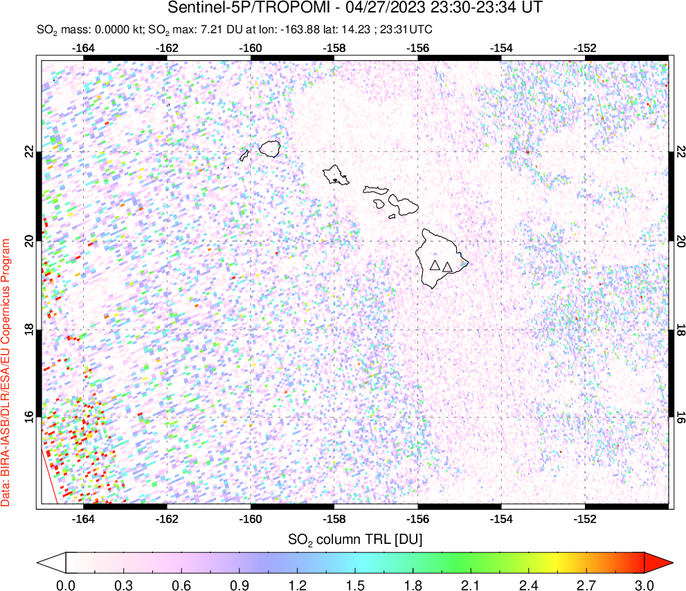 A sulfur dioxide image over Hawaii, USA on Apr 27, 2023.