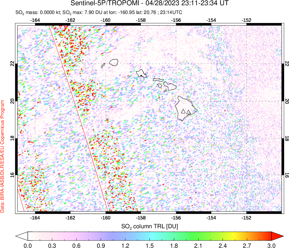 A sulfur dioxide image over Hawaii, USA on Apr 28, 2023.