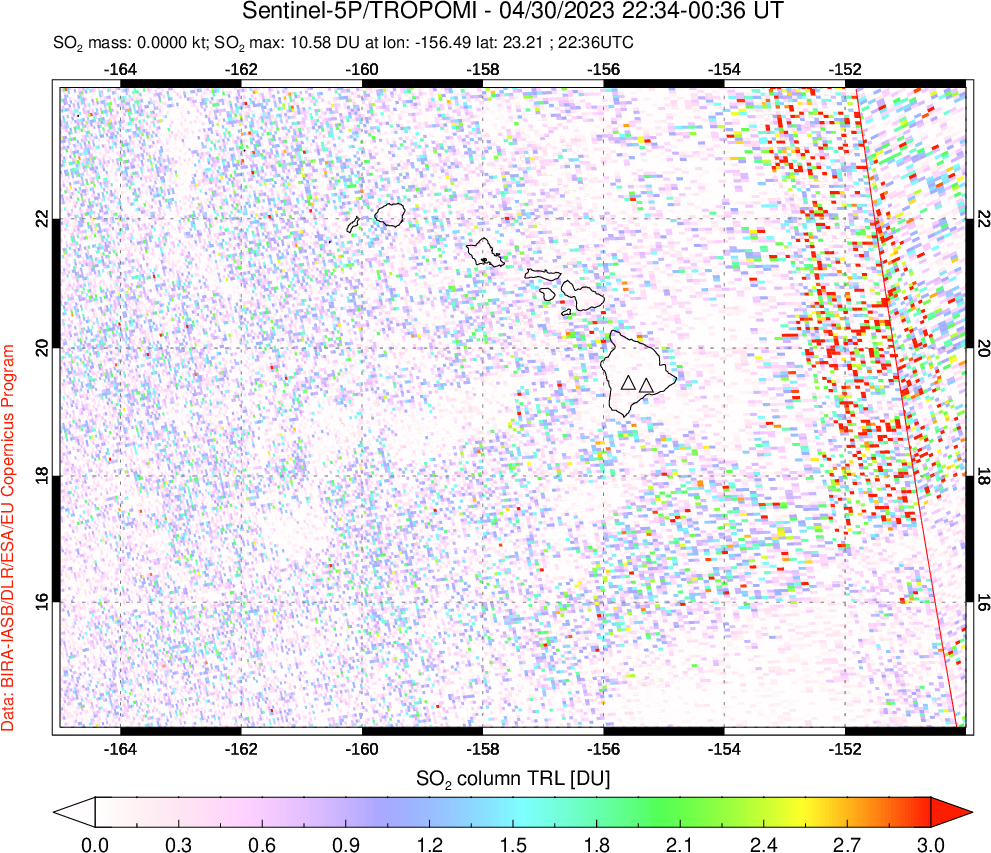 A sulfur dioxide image over Hawaii, USA on Apr 30, 2023.