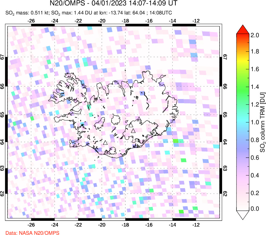 A sulfur dioxide image over Iceland on Apr 01, 2023.