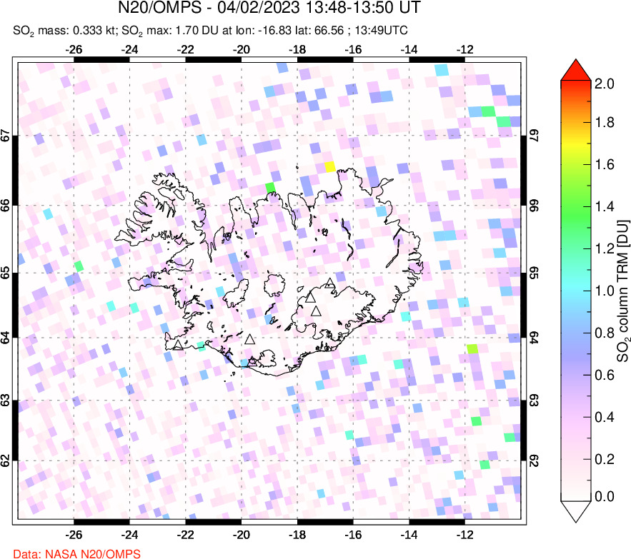 A sulfur dioxide image over Iceland on Apr 02, 2023.