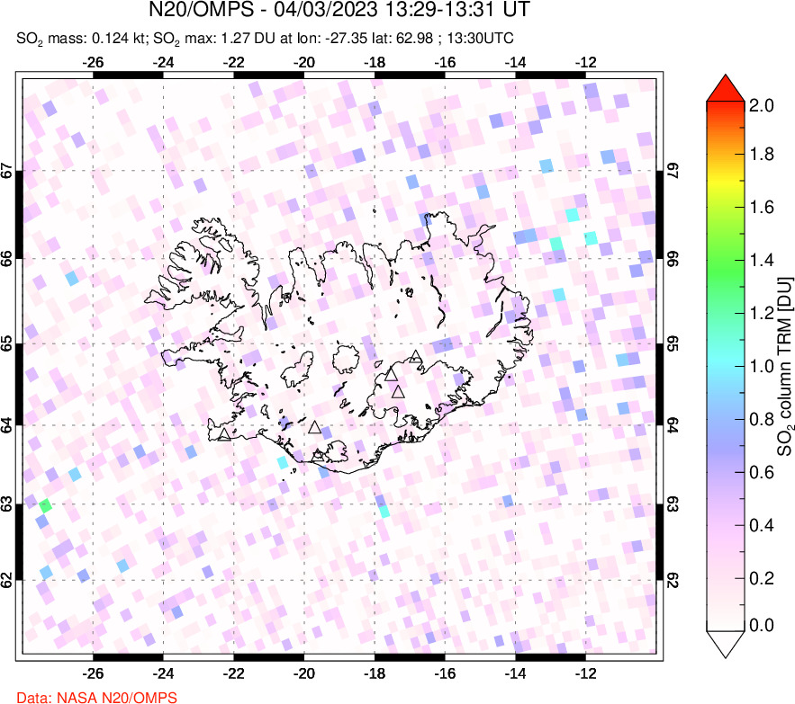 A sulfur dioxide image over Iceland on Apr 03, 2023.