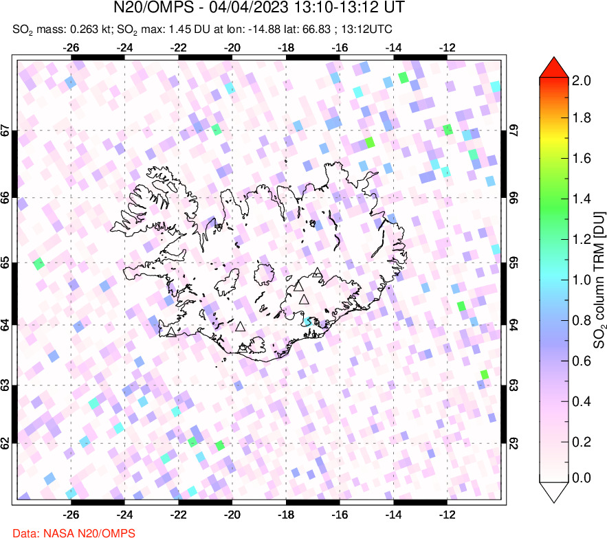 A sulfur dioxide image over Iceland on Apr 04, 2023.