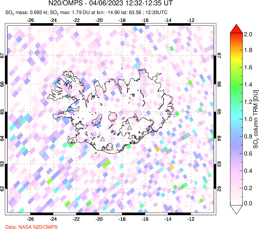 A sulfur dioxide image over Iceland on Apr 06, 2023.