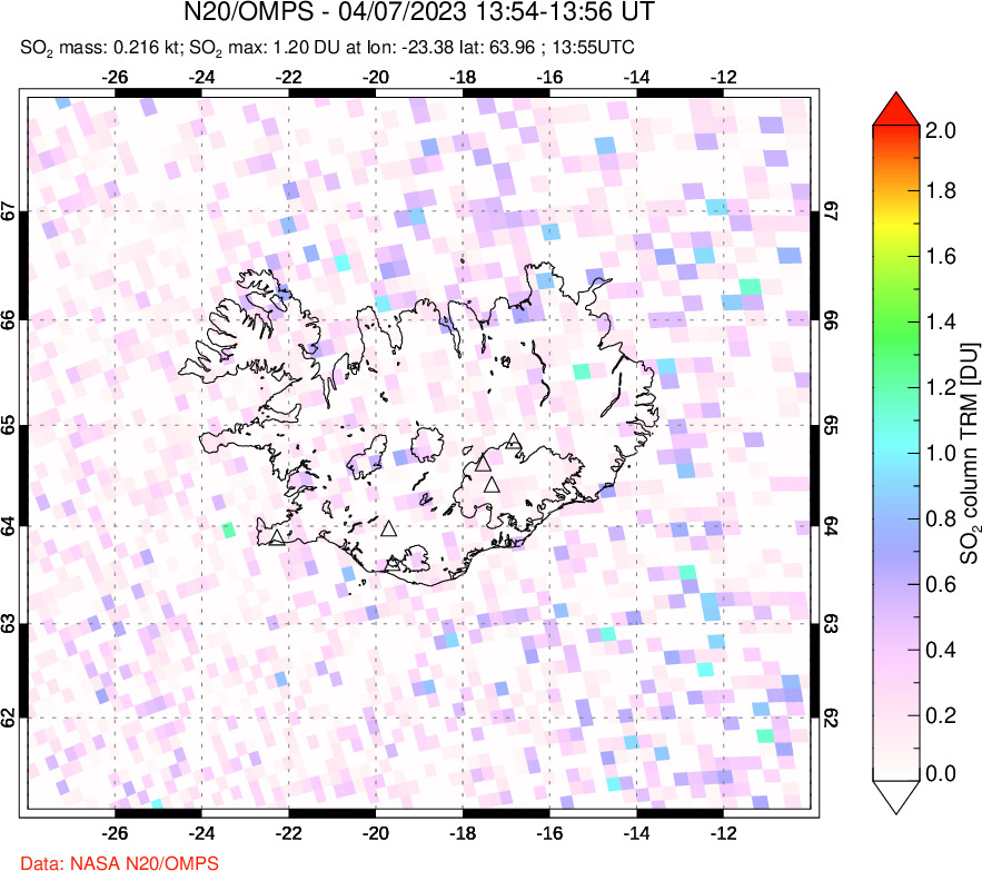 A sulfur dioxide image over Iceland on Apr 07, 2023.