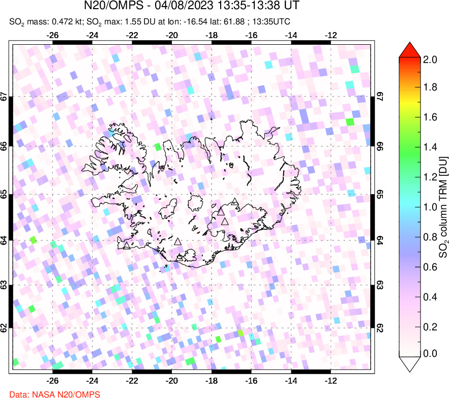 A sulfur dioxide image over Iceland on Apr 08, 2023.