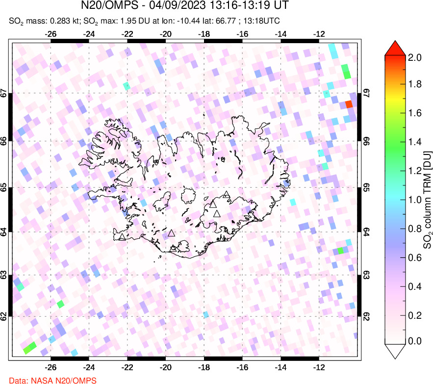 A sulfur dioxide image over Iceland on Apr 09, 2023.