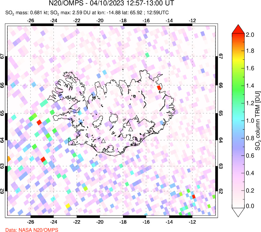 A sulfur dioxide image over Iceland on Apr 10, 2023.