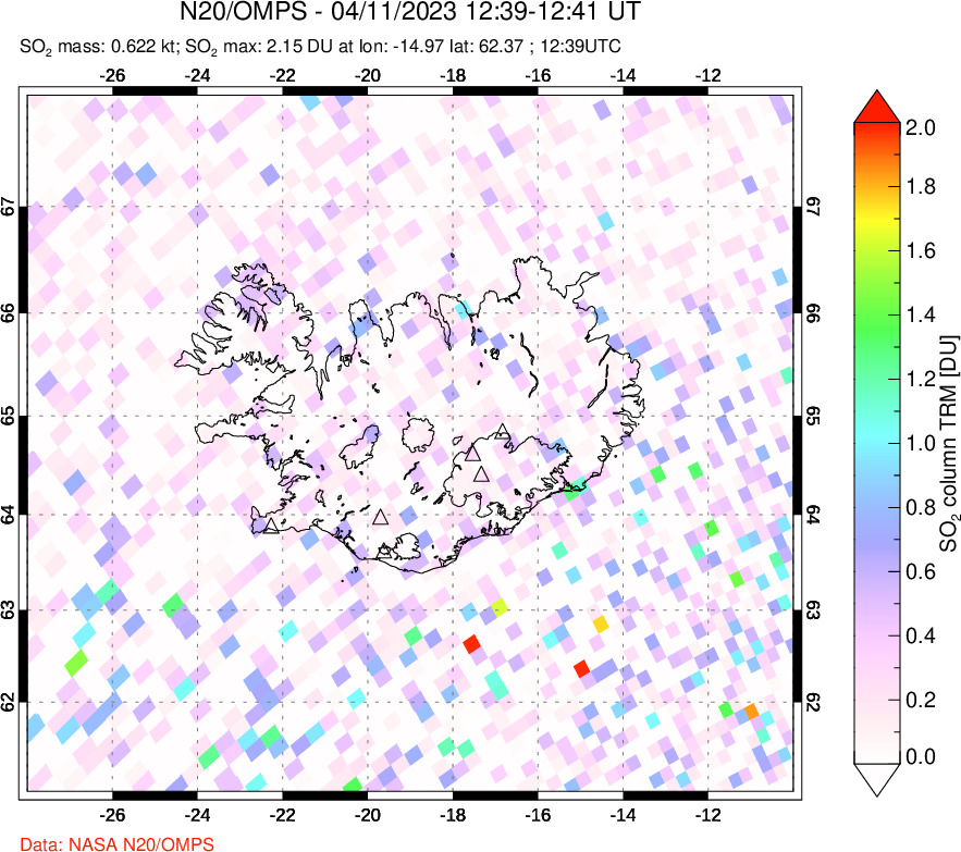 A sulfur dioxide image over Iceland on Apr 11, 2023.