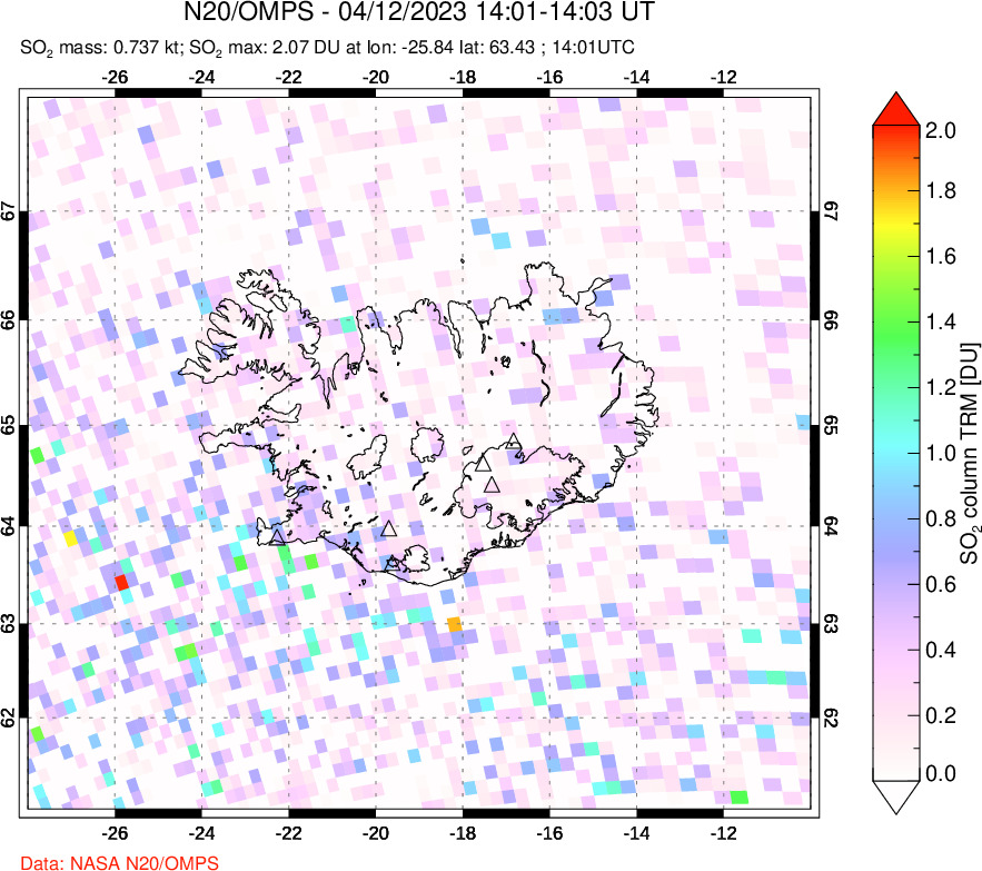 A sulfur dioxide image over Iceland on Apr 12, 2023.