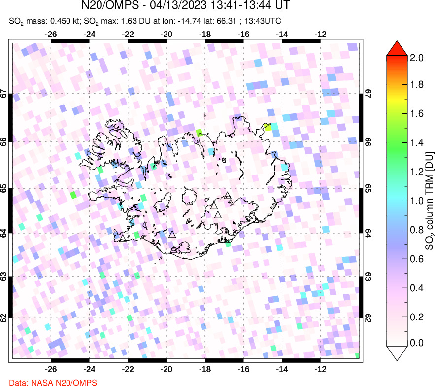 A sulfur dioxide image over Iceland on Apr 13, 2023.