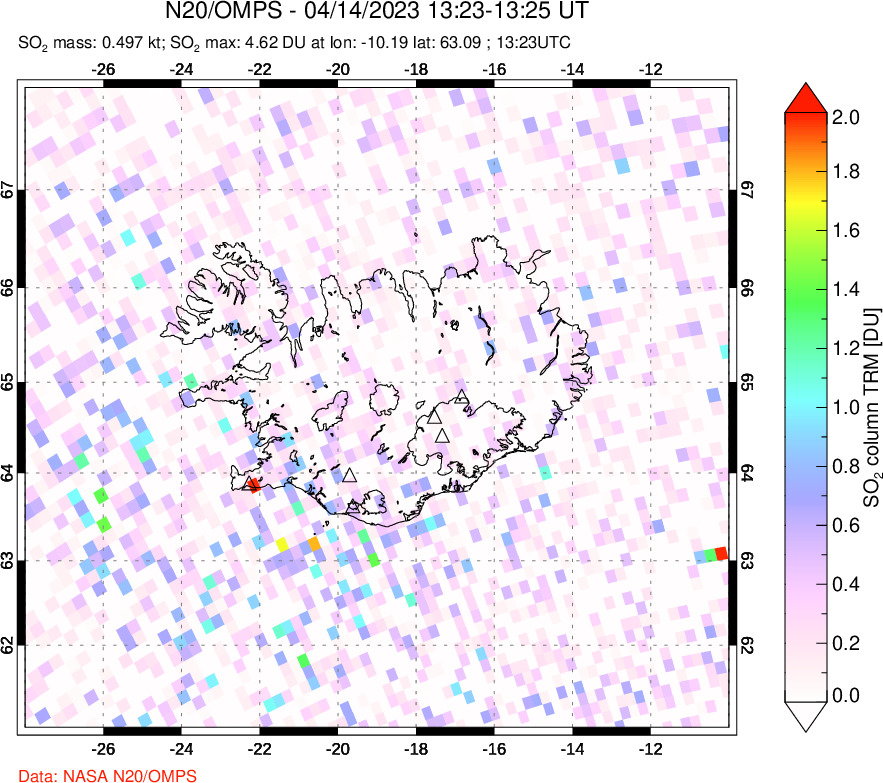 A sulfur dioxide image over Iceland on Apr 14, 2023.