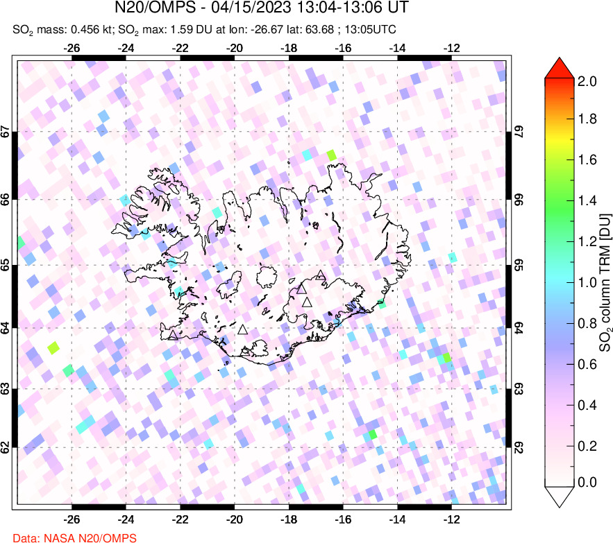 A sulfur dioxide image over Iceland on Apr 15, 2023.