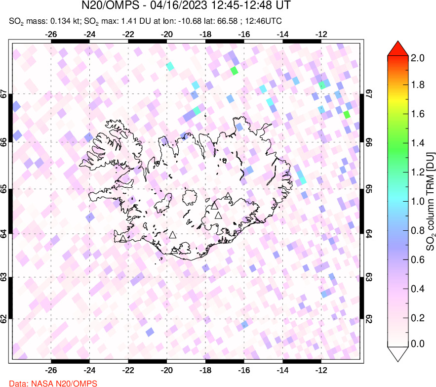 A sulfur dioxide image over Iceland on Apr 16, 2023.