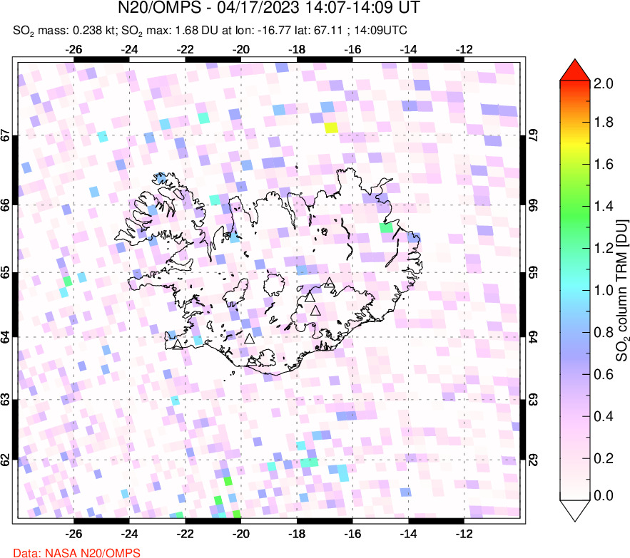 A sulfur dioxide image over Iceland on Apr 17, 2023.