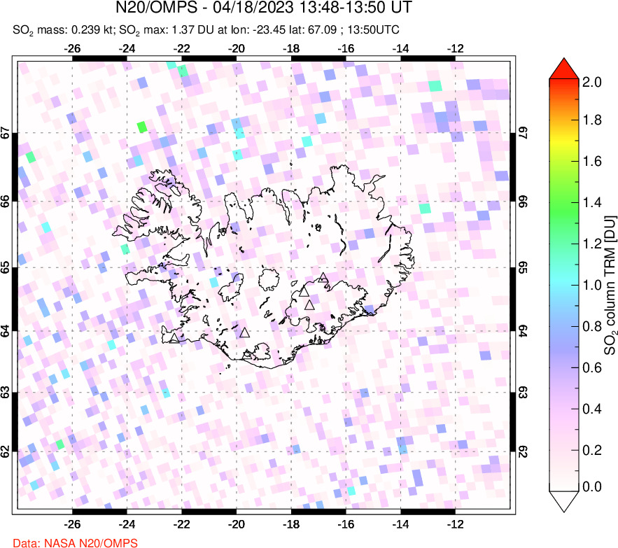 A sulfur dioxide image over Iceland on Apr 18, 2023.