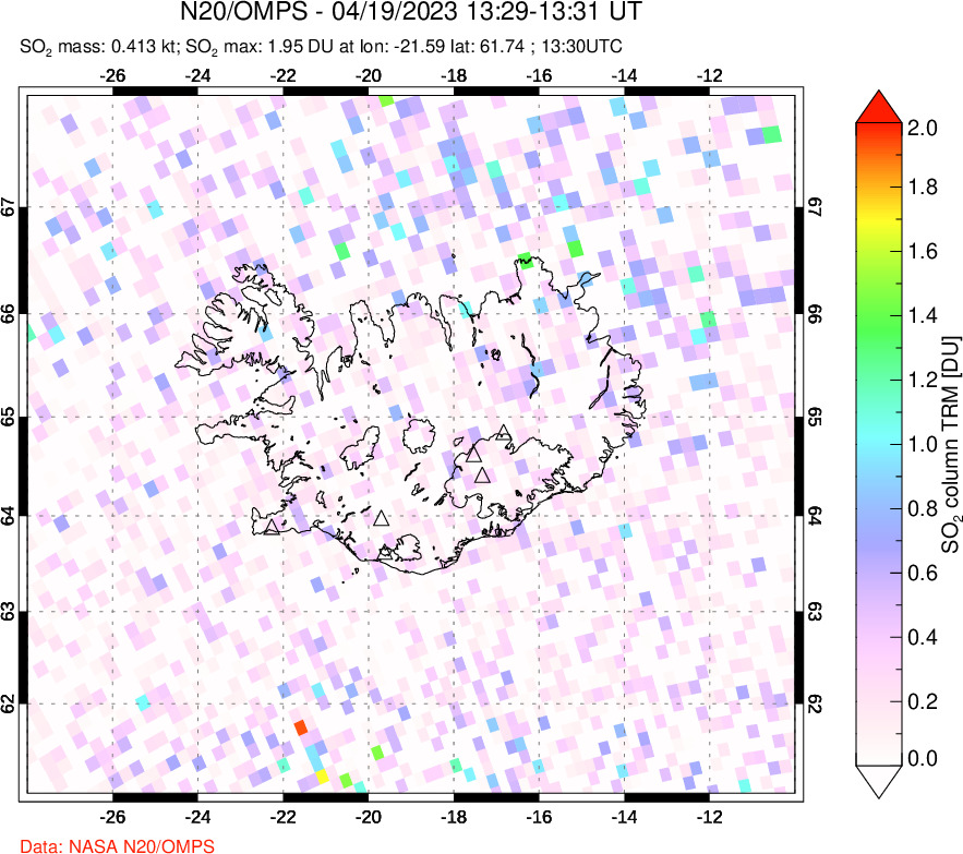 A sulfur dioxide image over Iceland on Apr 19, 2023.