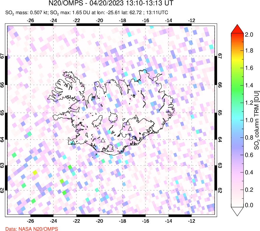 A sulfur dioxide image over Iceland on Apr 20, 2023.