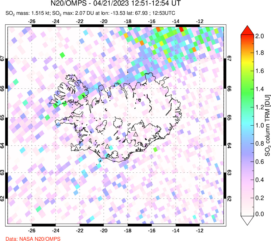 A sulfur dioxide image over Iceland on Apr 21, 2023.