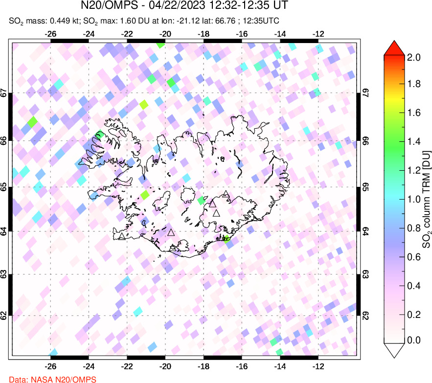 A sulfur dioxide image over Iceland on Apr 22, 2023.