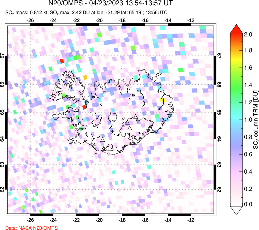 A sulfur dioxide image over Iceland on Apr 23, 2023.