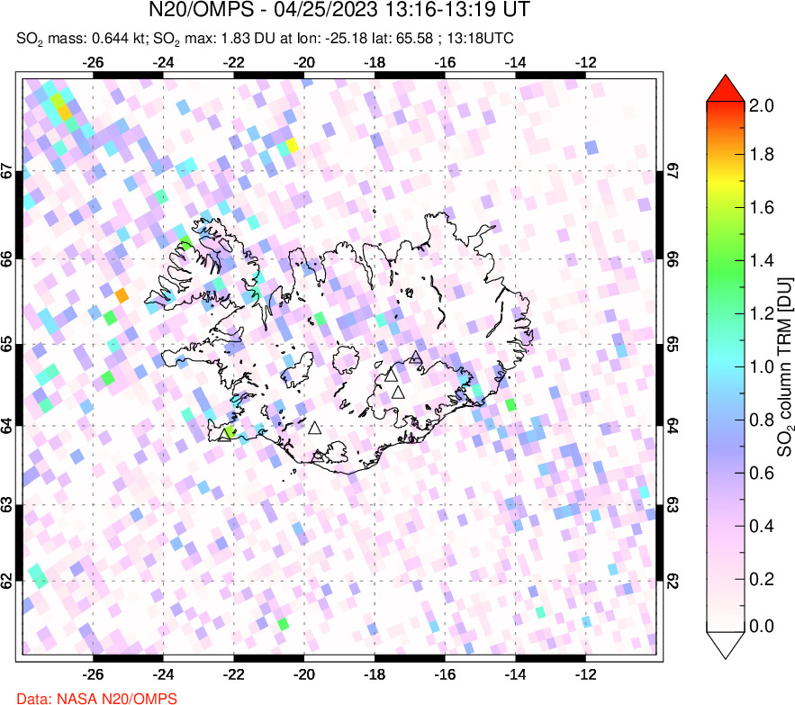 A sulfur dioxide image over Iceland on Apr 25, 2023.