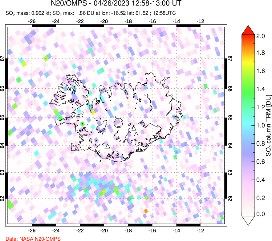 A sulfur dioxide image over Iceland on Apr 26, 2023.