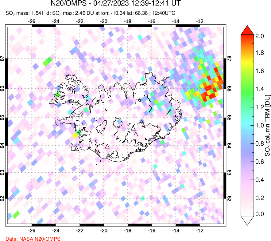 A sulfur dioxide image over Iceland on Apr 27, 2023.