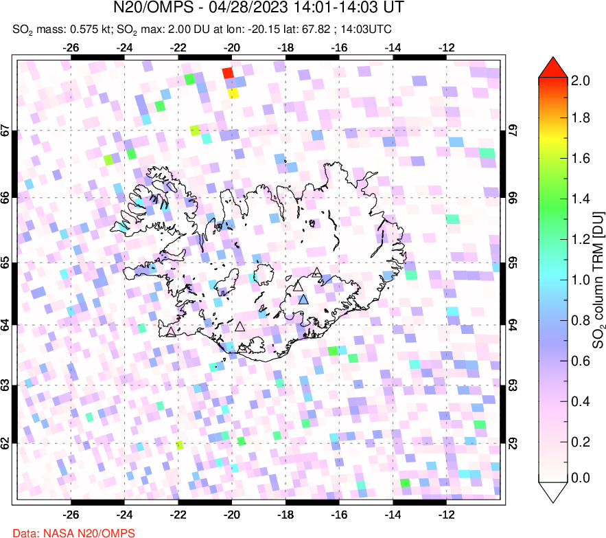 A sulfur dioxide image over Iceland on Apr 28, 2023.