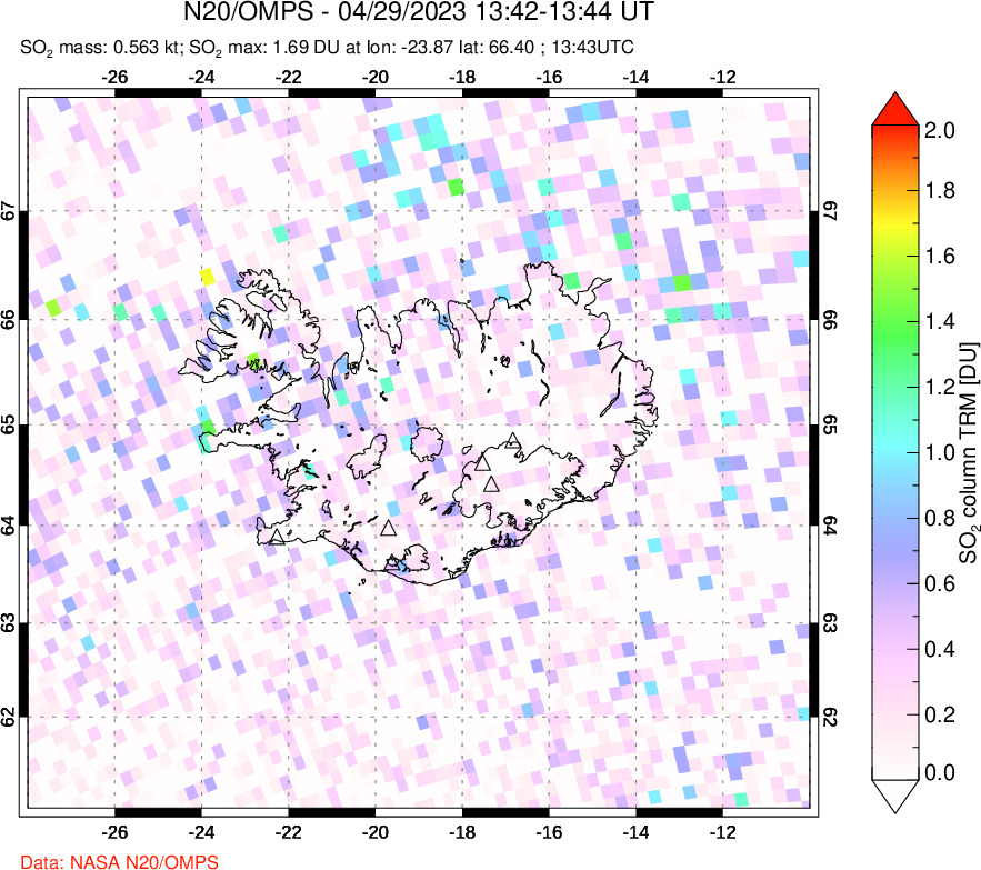 A sulfur dioxide image over Iceland on Apr 29, 2023.