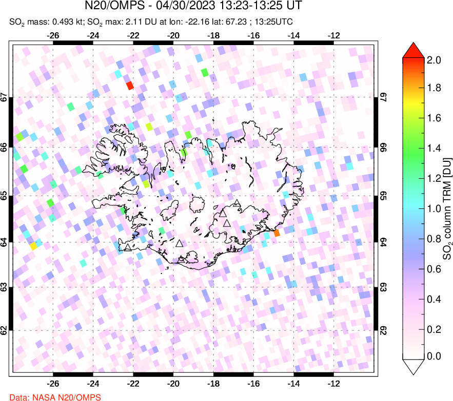 A sulfur dioxide image over Iceland on Apr 30, 2023.