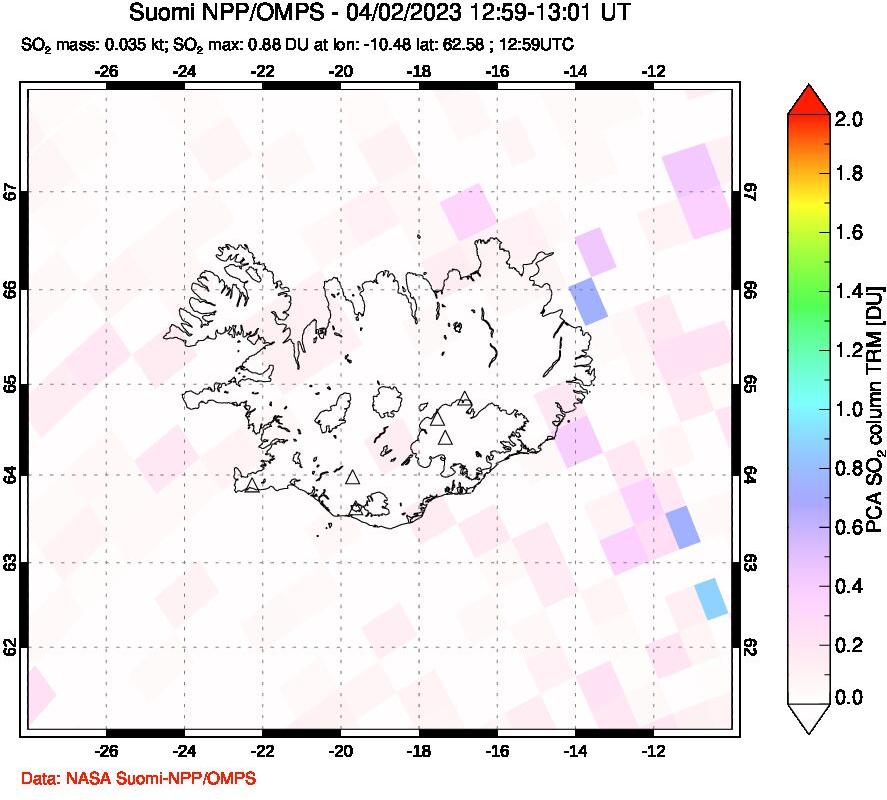 A sulfur dioxide image over Iceland on Apr 02, 2023.