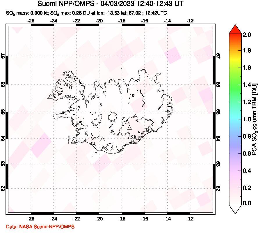 A sulfur dioxide image over Iceland on Apr 03, 2023.