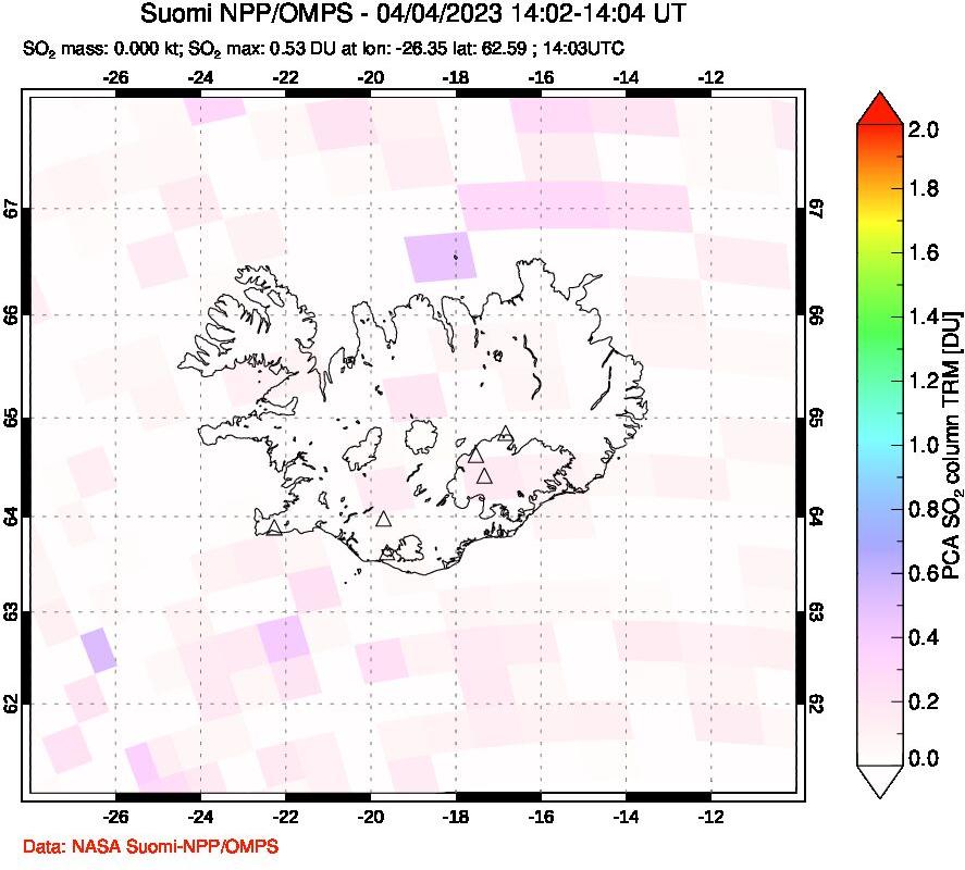 A sulfur dioxide image over Iceland on Apr 04, 2023.